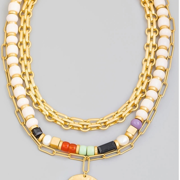 Hammered Disc Layered Bead Chain Necklace - Picture 2 of 3